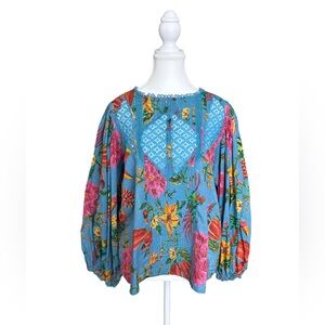 FARM Rio Blue Tropical Floral Embroidered Blouse – Size L